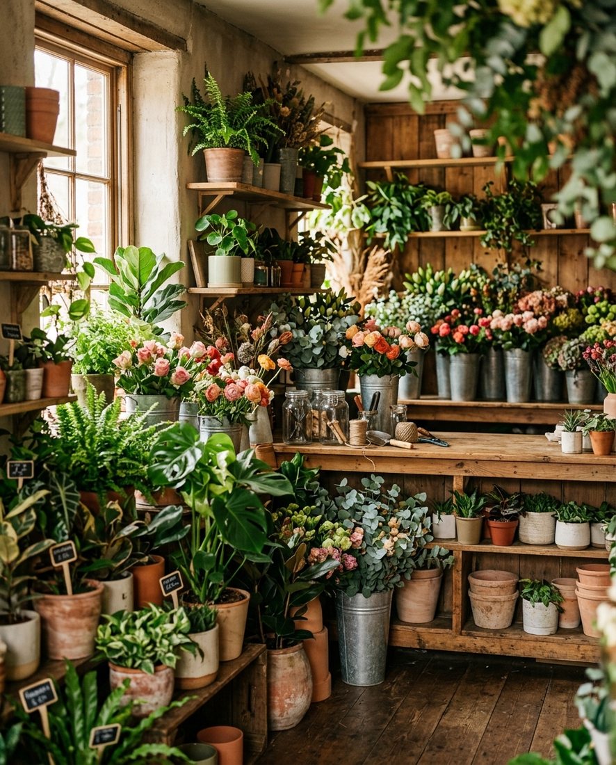 Sfeervol interieur van een kleine bloemenzaak met houten schappen vol boeketten en planten