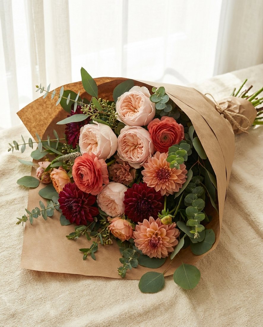 Handgebonden boeket van rozen, ranonkels en dahlia's in kraftpapier