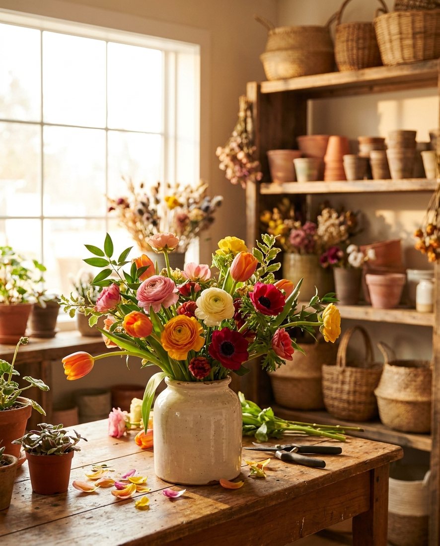 Vrolijke kleurrijke bos tulpen, ranonkels en anemonen in een keramieken vaas