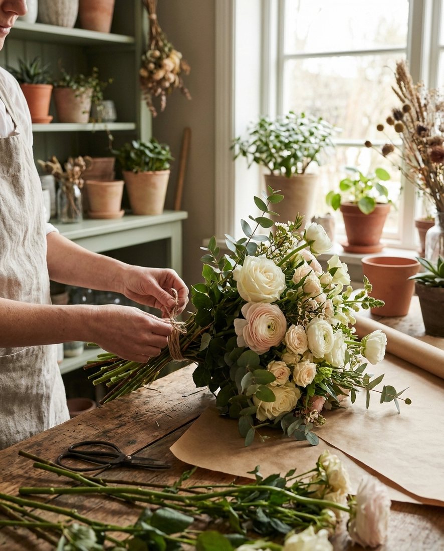 Bloemisthanden die een boeket samenbinden aan een houten werktafel