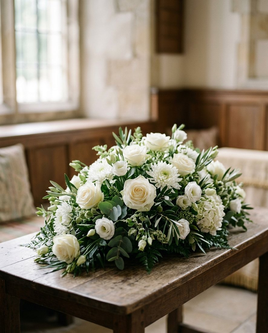 Waardig ovaal rouwstuk van witte rozen en chrysanten