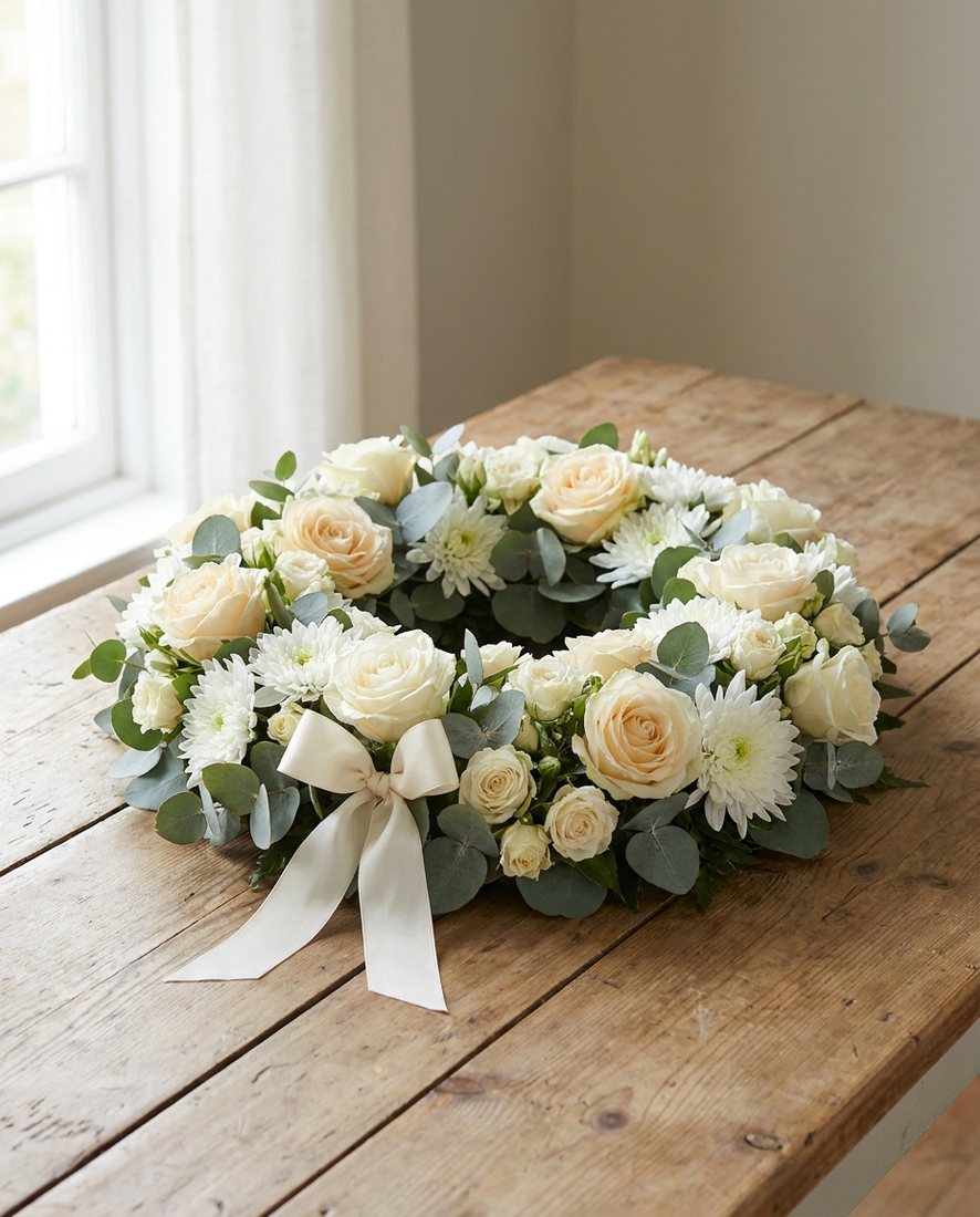 Waardig rond rouwstuk van witte rozen en chrysanten